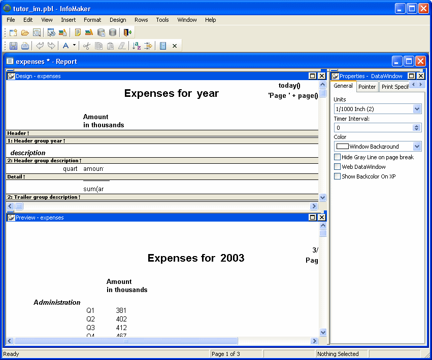 Shown is the report painter layout with the tabbed view  and Export / Import XML Template view closed.