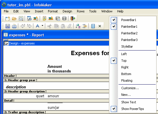 Shown is the pop up menu for the tool bars. It has the grouped options Power Bar 1, Painter Bar 1, 2, and 3, and Style Bar, then Left, Top, Right, Bottom, and Floating, then Customize and New, and finally Show Text and Show Power Tips. Several of the options are checked.