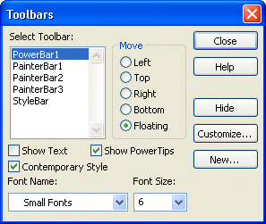 Shown is the Tool bars dialog box. At top left is a scrollable display titled Select Toolbar. Within it, Power Bar 1 is highlighted.