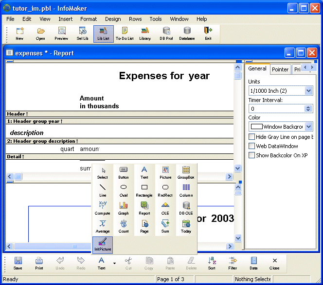 Shown is the Info Maker screen with an arrow at the bottom of the screen pointing to the space on the Painter Bar next to the text button. The Objects toolbar is expanded above the arrow and has labeled buttons for Select, Line, Oval, Rectangle, and so on.