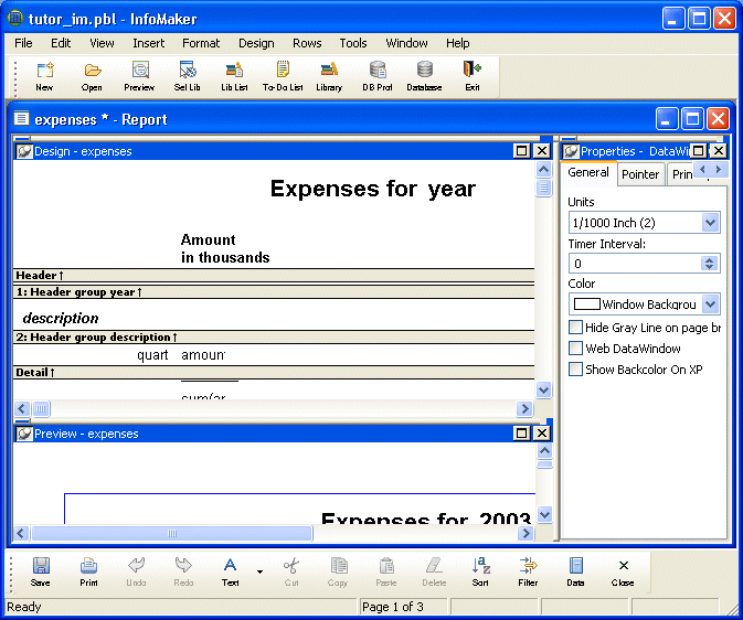 Shown is the Info Maker screen with a view at top left with the title bar Design, a view at bottom left with the title bar Preview, and a view at right with the title bar Properties. Each title bar shows a push pin icon on its left.