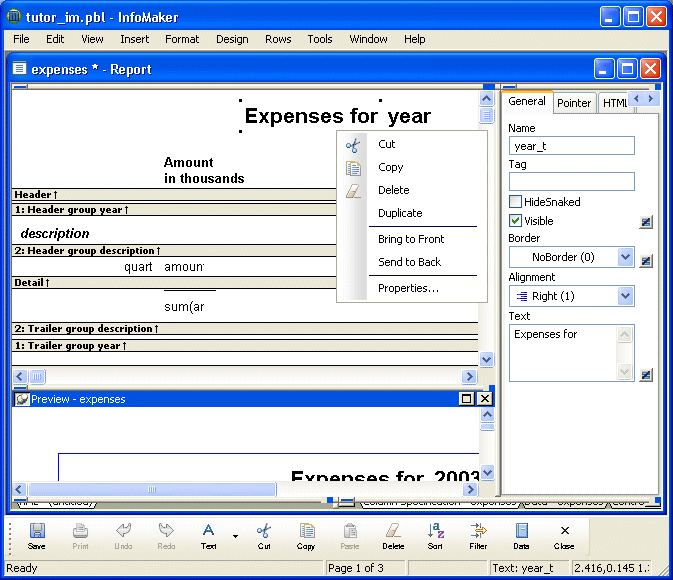 Shown is a pop up menu superimposed on the text "Expenses for." The menu has options for Cut, Copy, Delete, Duplicate, Bring to Front, Send to Back, and Properties.