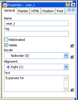 Shown is the General tab page of the Properties view with a Name field with the entry year _ t, a blank Tag field, an unchecked Hide Snaked check box, and a checked Visible check box. Next is a Border drop down with No Border ( 0 ) selected, an Alignment dorp down set to Right ( 1 ), and a Text box displaying the text "Expenses for".