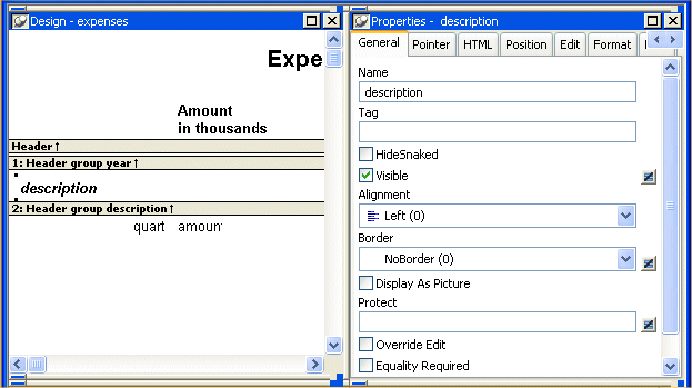 Shown is the Properties view with information for the data column called description. At top left are a header 1 band showing header group year and a header two band showing the header group description, which is circled. At right is the General tab of the Properties view showing the properties for the description column.