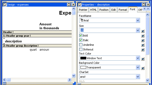 Shown is the Properties view with information for the data column called description. At top left are a header 1 band showing header group year and a header two band showing the header group description. At right is the Font tab of the Properties view showing the font properties for the description column, such as Face name and Size.