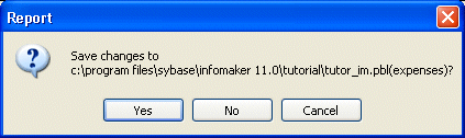 Shown is a message box titled Report. It has a question mark icon at top left and the text "Save changes to" followed by the path of the library tutor _ i m dot pibble ( expenses ).