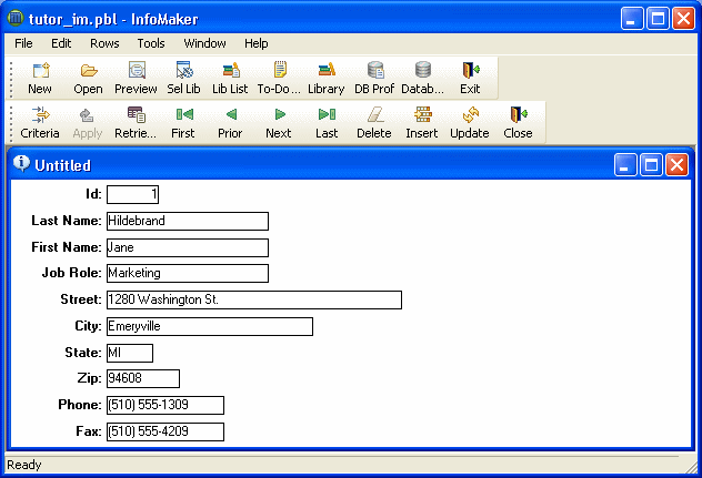 Shown is a form with a series of labeled text fields for items such as ID, Last Name, First Name, and Job Role. Within the fields, actual data such as first and last name, job role and address is displayed for a contact. 