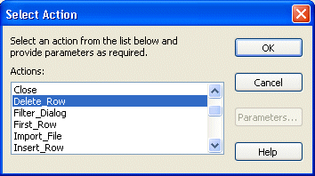 Shown is the Select Action dialog box with a scrollable list of the actions you can assign to the button. The Delete _ Row action is highlighted.