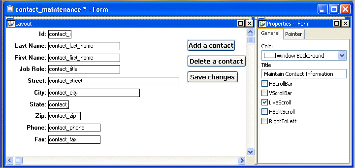 Shown at left is the Layout view for the contact _ maintenance form, with labeled fields for ID, Last Name, First Name, and so on. At right is the General tab page of the Properties view with a drop down labeled Color and a Title field with the circled text " Maintain Contact Information. "