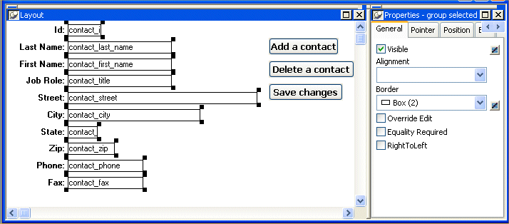 Shown is a form with a series of labeled text fields for items such as ID, Last Name, First Name, and Job Role. Within the fields, the names of the objects such as contact _ last _ name are displayed where the actual data will appear. The box around every object has black boxes at its corners to show that it has been selected.