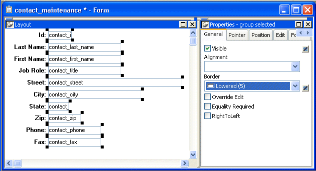 Shown is the contact _ maintenance form. At right is the General tab page of the Properties view with a Border drop-down list offering choices such as No Border, Shadow Box ( 1 ) , and Box ( 2 ). The value Lowered ( 5 ) is selected.