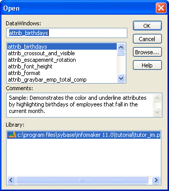 Shown is the Open dialog box. At top is a Data Windows field displaying the name of the report attrib _ birthdays, which is selected from a drop down list of reports below it. Next is a Comments field and then a Library field that shows the path to the selected library, tutor _ i m dot pibble.