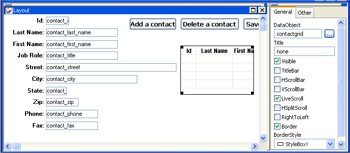 Shown are the Layout and Properties views for the contact _ maintenance form. Part of the contact grid report displays on the right side of the form in the layout view. It has columns labeled ID and Last Name. On the far right of the screen, in the Properties view, the report name contact grid displays in the Data Object field at the top of the General tab page.