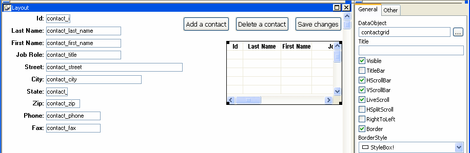 Shown are the Layout and Properties views for the contact _ maintenance form. Part of the contact grid report displays on the right side of the form in the layout view. It has columns labeled ID and Last Name, and vertical and horizontal scroll bars. On the far right side of the screen, in the Properties view on the General tab page, the check boxes for H Scroll Bar, V Scroll Bar, and Border  are checked, and a Border Style drop down shows the entry Style Box !.