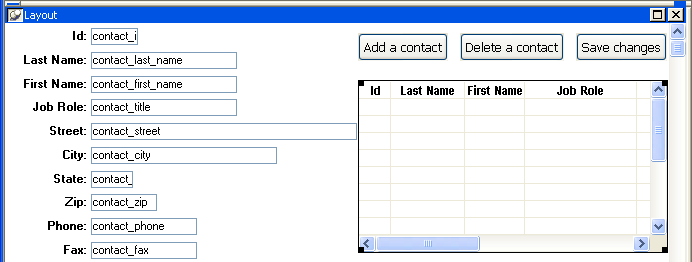 Shown is the Layout view for the contact _ maintenance form.  At left are labeled text fields such as I D and Last Name for entering or editing a contact. Across the top right are buttons labeled Add a contact, Delete a contact, and Save changes. Under them is a scrollable table of contacts. Visible are columns labeled ID, Last Name, First Name, and Job Role. 