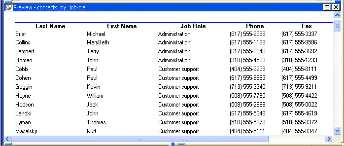 Shown is the Preview view for the report contacts _ by _ job role. It has columns labeled Last Name, First Name, and so on, and rows of data arranged in alphabetical order by last name.