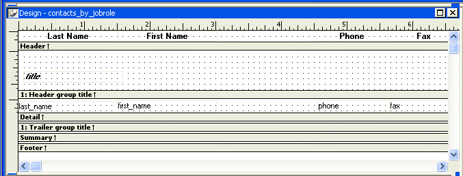 Shown is the  Design view for contacts _ by _ job role.  The text for the column headers is displayed across the top in the Header band. A blank area appears where the Job Role text box had been.