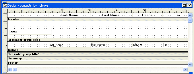 Shown is the  Design view for contacts _ by _ job role.  The text for the column headers is displayed across the top in the Header band. Below them are the columns in the detail band. The last _ name and first _ name columns are circled. They have been moved right to fill the blank area. Phone and fax are to their right.