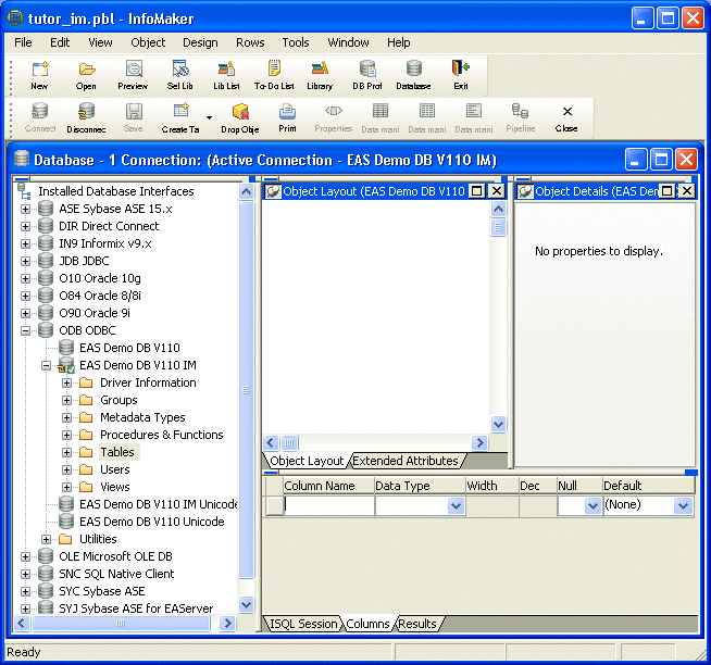 Shown at bottom right is the columns tab in which you define the columns in the table. It has a column for Column Name, a drop down for Data Type, then columns for Width and Dess, and drop downs for Null and Default.