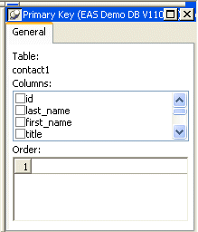 Shown is the Primary Key property sheet in the Object Details view. It displays the Table name contact 1 at the top, then a scrollable list of columns with check boxes you can select, and below that a box for displaying the Order of the selected columns.