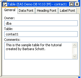 Shown is the General tab of the Table Properties property sheet in the Object Details view. It has a Comments box at the bottom with the sample text " This is the sample table for the tutorial created by Jane Sterling. "