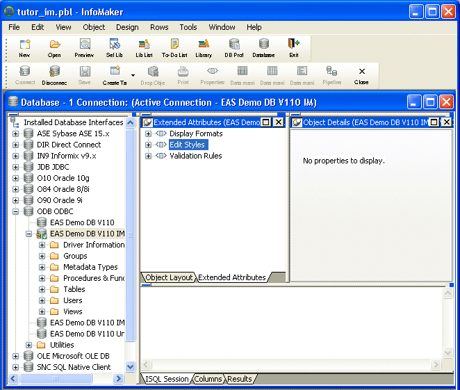 Shown is the Extended Attributes tab in the center of the Database painter work space. Of the extended attributes displayed, Edit Styles is selected, and a pop up menu displays the options New, Refresh, and Properties.