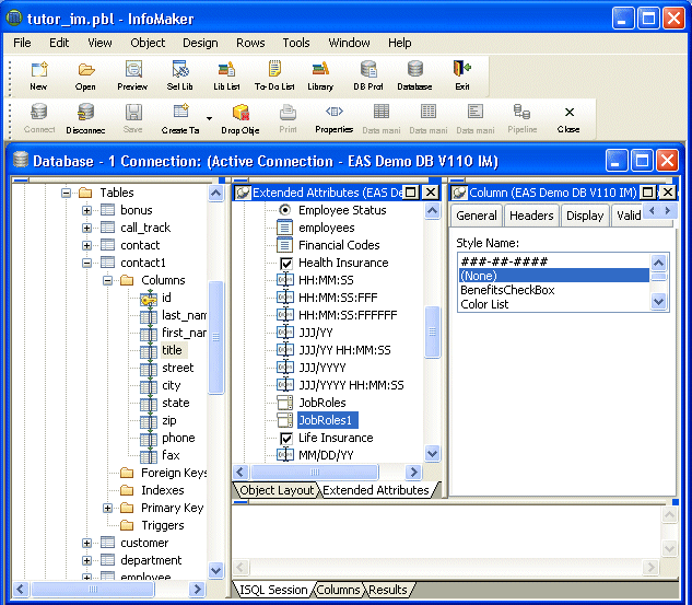 Shown is the Edit Styles tab of the Objects Details view at the right of the Database painter screen. It displays a list of Style Names.