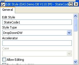 Shown is the Edit Style dialog box. It has a Name text box and Style drop down at the top, then an options group box with boxes for Limit, Case,  Accelerator, and Format, and many check boxes for various options.