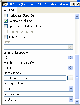 Shown is the Edit Style dialog box. It has the entries State Code 1 for Name and Drop Down D W for Style. In the Options group box are the entries d _ d d d w _ states for Data Window, state _ i d for Display Column, and state _ i d for Data Column. The Width of drop down text box has the etnry 550 %, and the V Scroll Bar check box is checked.