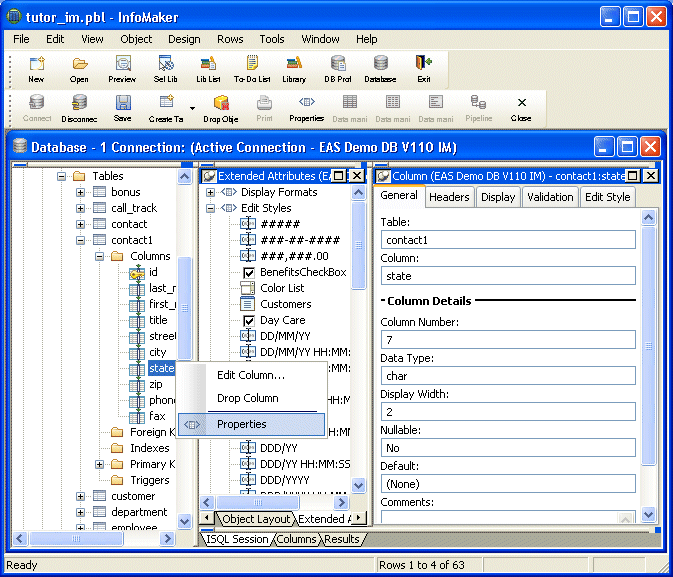 Shown is the database painter with the tree view at left expanded under contact 1 and the columns folder to show the highlighted state column. A pop up menu offers the options Edit Column, Drop Column, and Properties.