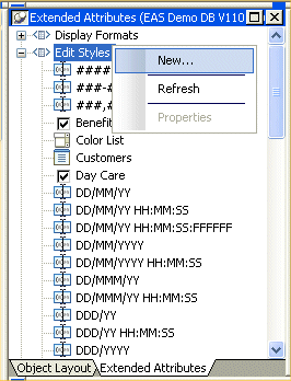 Shown is the pop-up menu for Edit Styles in the Extended Attributes view. It offers the options New, which is highlighted, Refresh, and Properties, which is grayed.