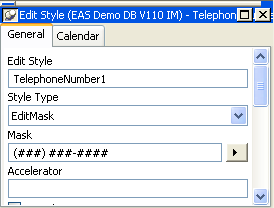 Shown is the Edit Style dialog box. It has a Name text box entry of Telephone Number 1, a Style drop down set to Edit Mask, and a Mask box with the entry ( # # # ) # # # - # # # #.