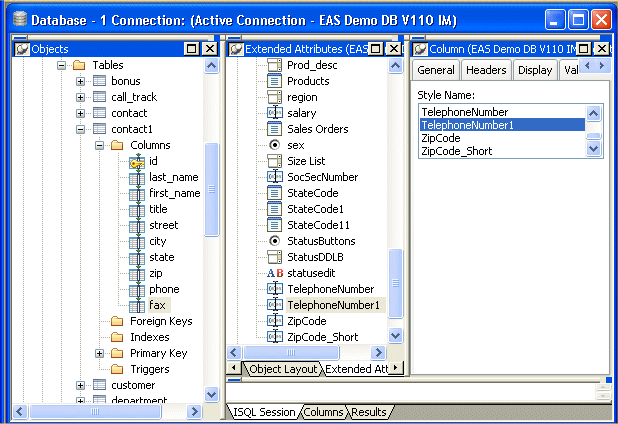 Shown is the Database Painter with the fax column selected in the tree view at left, Edit Styles selected in the Extended Attributes view in the center, and the Edit Style tab displayed in the Object Details view at the left, with the Telephone Number 1 Style Name highlighted. 