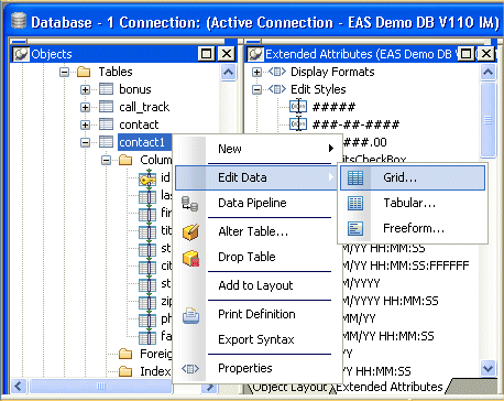 Shown is the Database Painter with the contact 1  selected in the tree view at left and a pop up menu with Edit Data > Grid selected