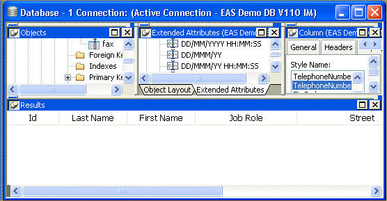 Shown is the Results tab page at the bottom of the Database Pointer screen. It displays the column headers I D, Last Name, First Name, and Job Role, but no data under them.