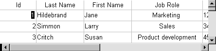 Shown is the Results view from the bottom of the Database Pointer screen. It displays the column headers I D, Last Name, First Name, and Job Role and several rows of data under them.