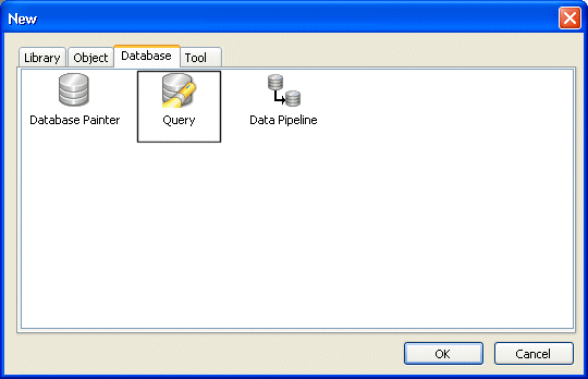 Shown is the Database tab page of the New dialog box with icons for Database Painter, Query, and Data Pipeline. Query is circled.