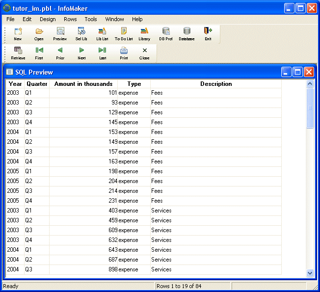 Shown is a Sequel Preview of the query with rows of data displayed in the five columns that were selected. The columns are labeled Year, Quarter, Amount in thousands, Type, and Description.