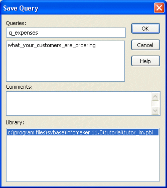 Shown is the Save Query dialog box with the entry q _ expenses in the Queries box at the top.