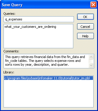 Shown is the Save Query dialog box with the entry q _ expenses in the Queries box at the top and an entry in the Comments box matching the comments text you were instructed to enter in this step of the lesson.