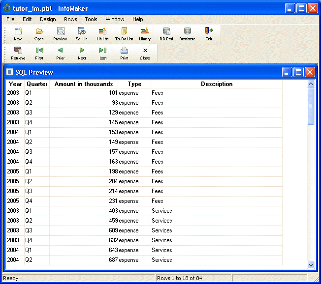 Shown is the Sequel Preview screen with the entry expense in the Type column for every row of data.