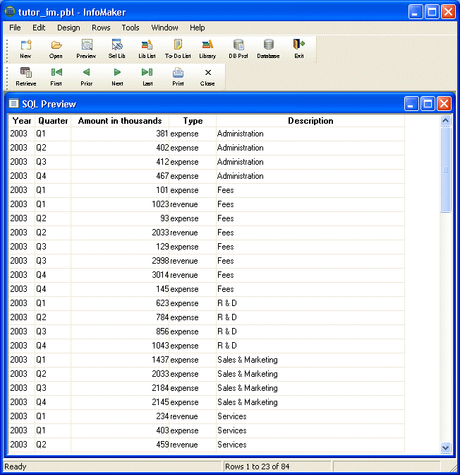 Shown is the Sequel Preview screen with the rows of data sorted by Year, with all the visible entries showing 1995, then alphabetically by Description, with a group of entries for Administration followed by a group of Fees entries and then R and D entries. Within each group formed by Description, the entries are further sorted by quarters 1 through 4.