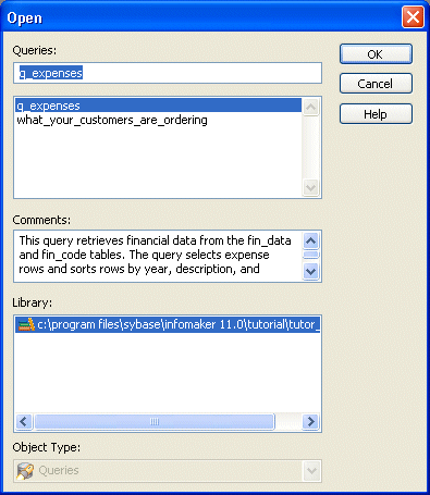 Shown is the Open dialog box with the entry q _ expenses highlighted in the Queries box.