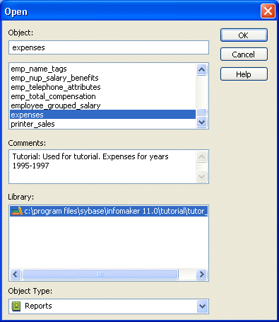 Shown is the Open dialog box. At top is the Objects box with the entry expenses. Next is a scrollable list of reports with a rectangle around the highlighted entry expenses. At bottom is the Object Type drop down with the entry Reports. 