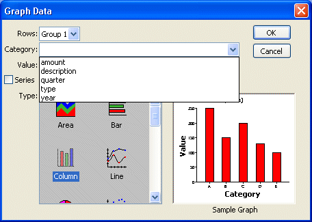 Shown is the Graph Data dialog box with the Category drop down displaying columns named amount, description, quarter, type, and year. 