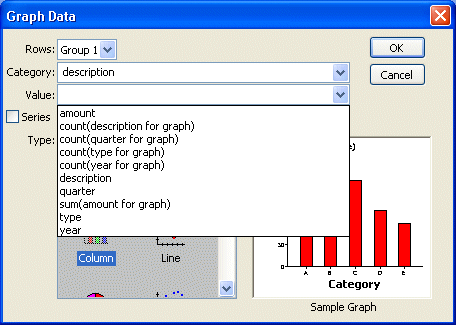 Shown is the Graph Data dialog box with the Value drop down displaying column choices including amount, count ( description for graph ), count ( quarter for graph ), and so on.