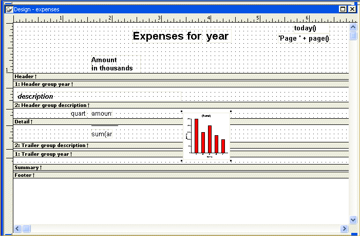 Shown is the Design view for the expenses report with a small representation at right of the bar graph that will appear in the report.