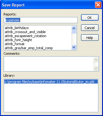 Shown is the Save Report dialog box. At top is the Report box with the entry expenses highlighted.