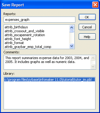 Shown is the Save Report dialog box. At top is the Report box with the entry expenses graph. The comments box displays the text you entered in this step of the lesson.