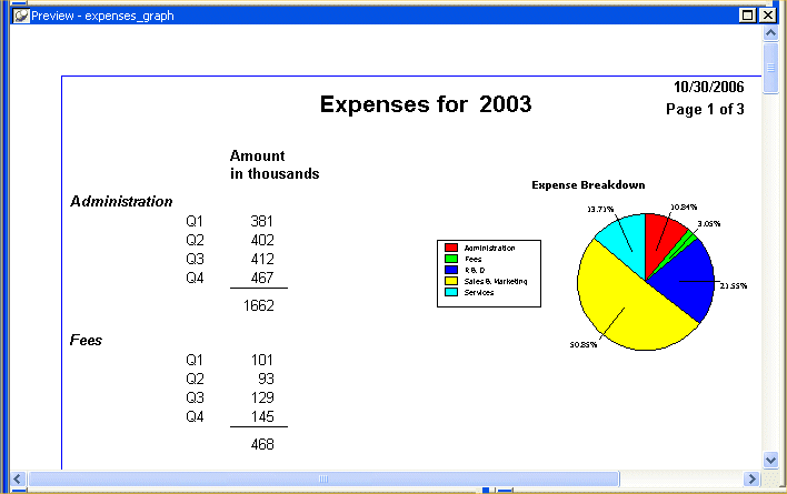 Shown is the preview of the report with a pie chart located on the right side.